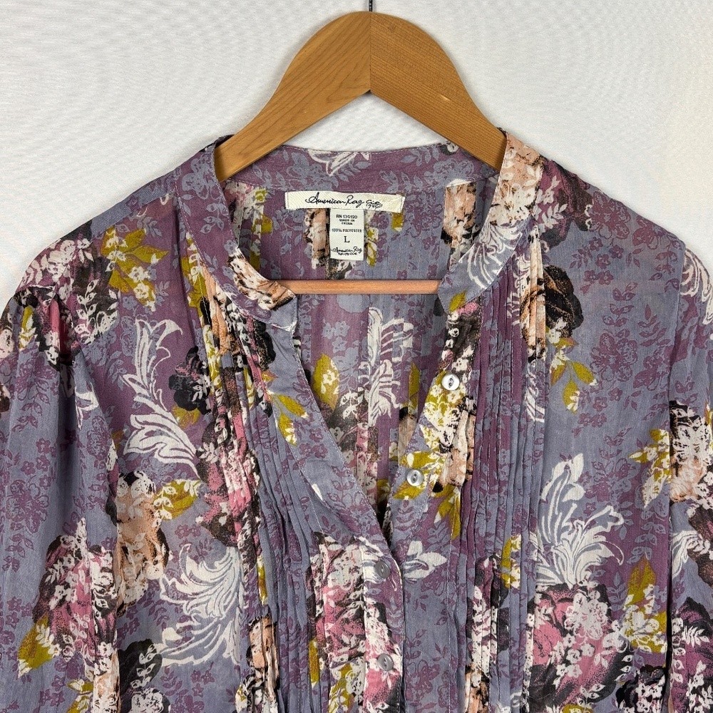 American Rag Women LongSleeve Roll Tab Tunic Blouse Sz L Floral Sheer Boho Gypsy - Picture 2 of 9